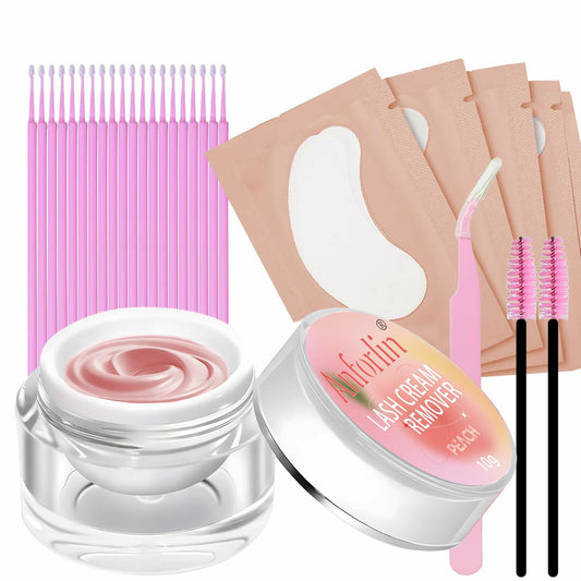 Anforlin Lash Remover Kit 10g Peach Scent with Eye Pads Brushes Tweezers